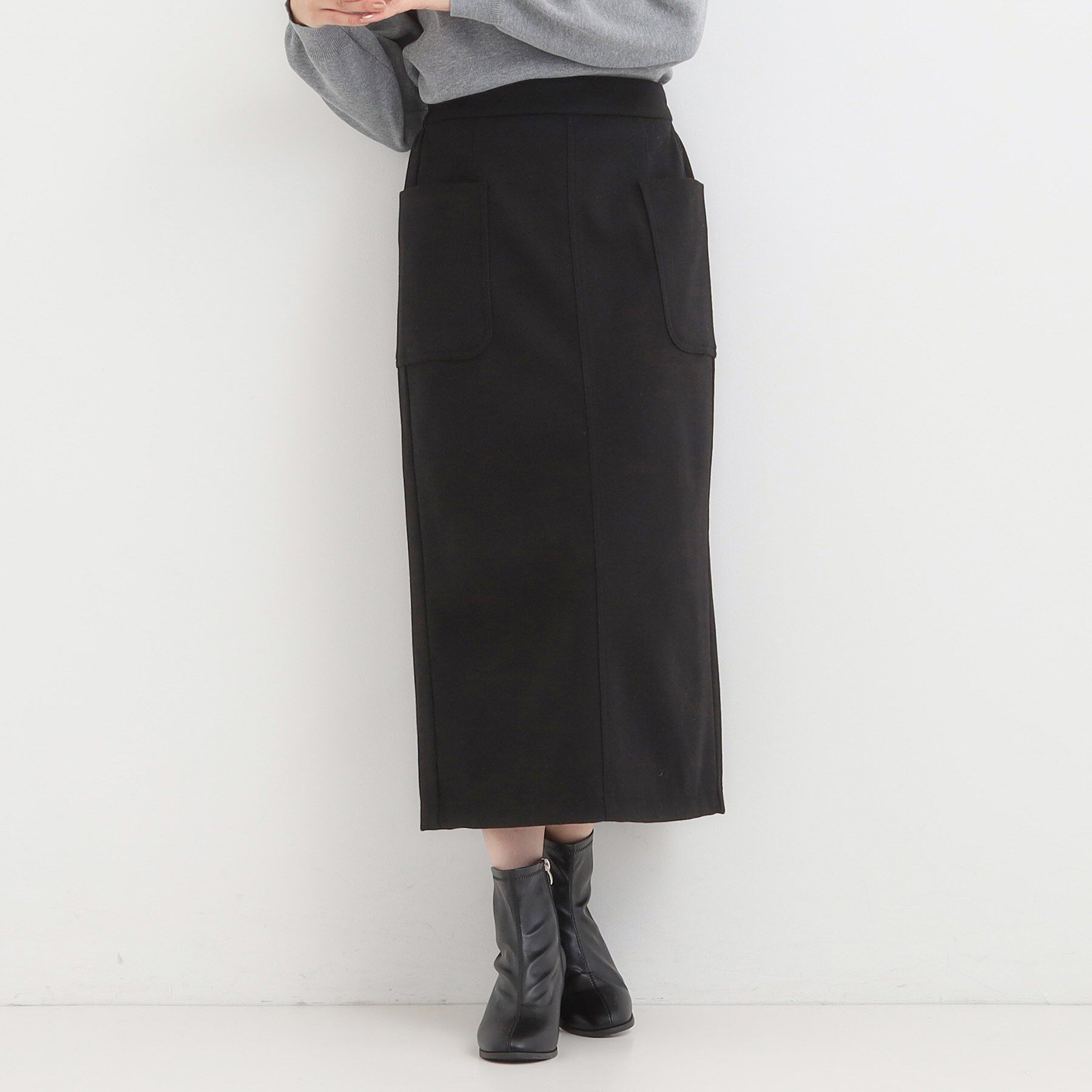 SHOO･LA･RUE「【S-LL】あったかすっきり 圧縮ニットナロースカート」|スカート|ブラック(019)