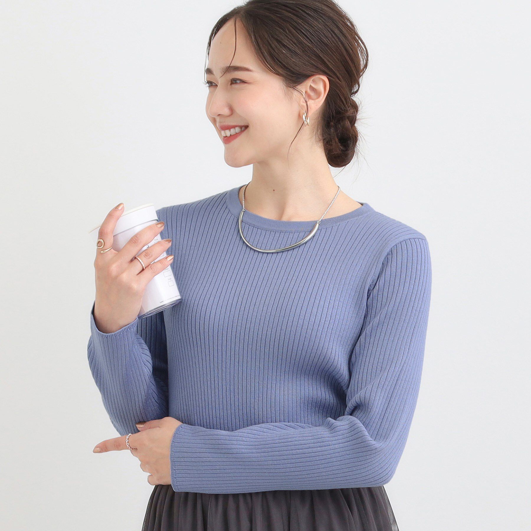 SHOO･LA･RUE「【絶妙なゆるピタ/洗濯機可】ちくちくしにくい リブクルーネックやわらかニット」|ニット・セーター|ブルー(091)