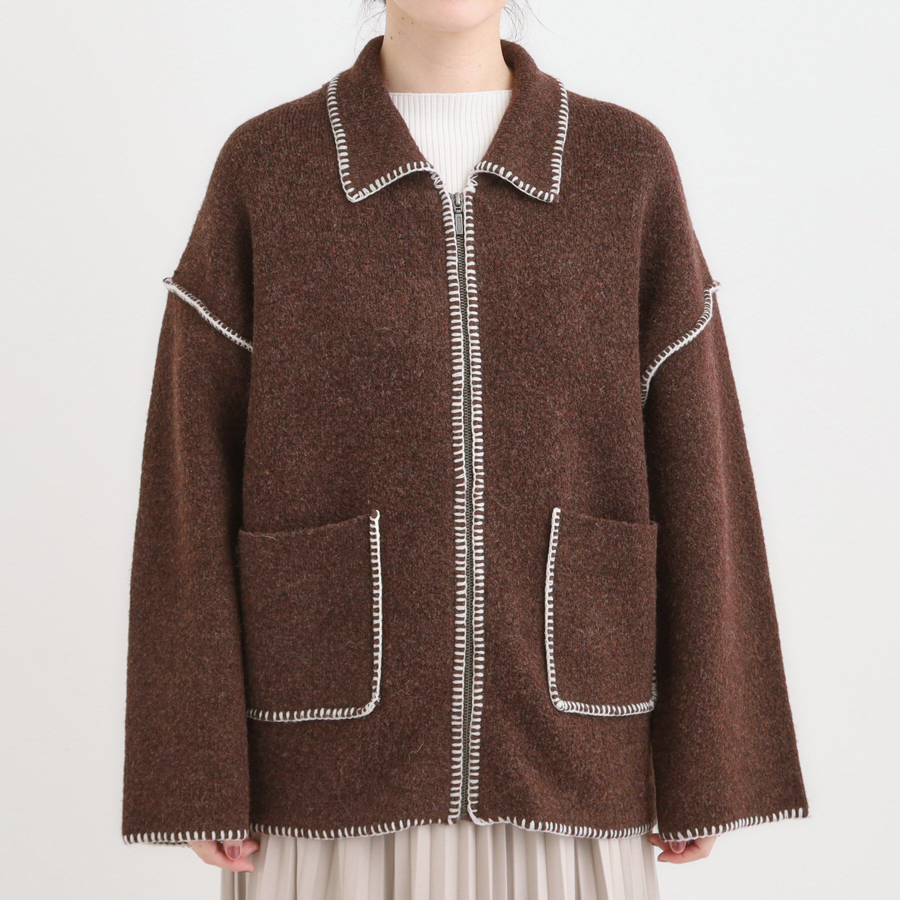 SHOO･LA･RUE「配色ステッチがポイント 襟付きジップニットカーディガン」|カーディガン|