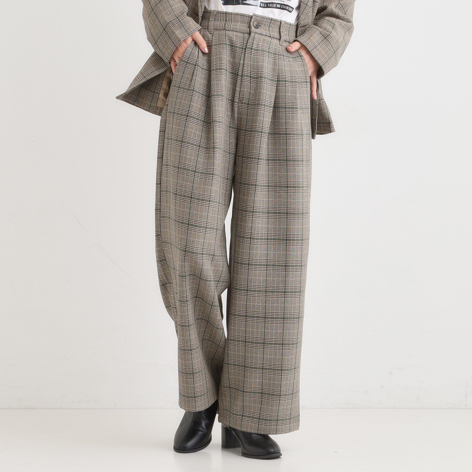 SHOO･LA･RUE「【セットアップ可】チェック柄タックワイドパンツ」|その他|ベージュ(252)