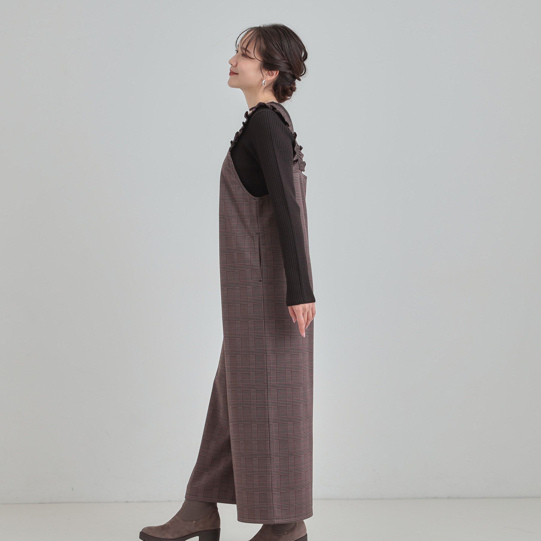 SHOO･LA･RUE「【あったか】大人のための チェック柄フリルサロペット」|オールインワン|