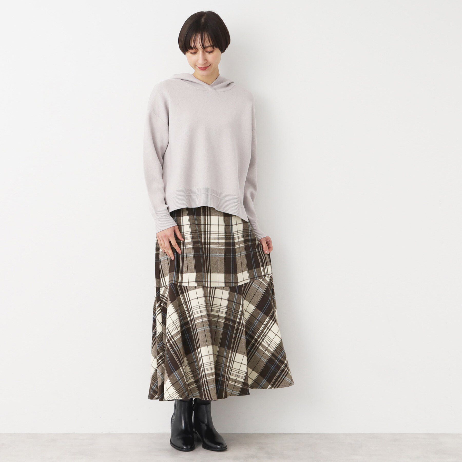 Dessin「【後ろゴム・洗える】起毛チェック柄切り替えフレアスカート（XS～L）」|スカート|