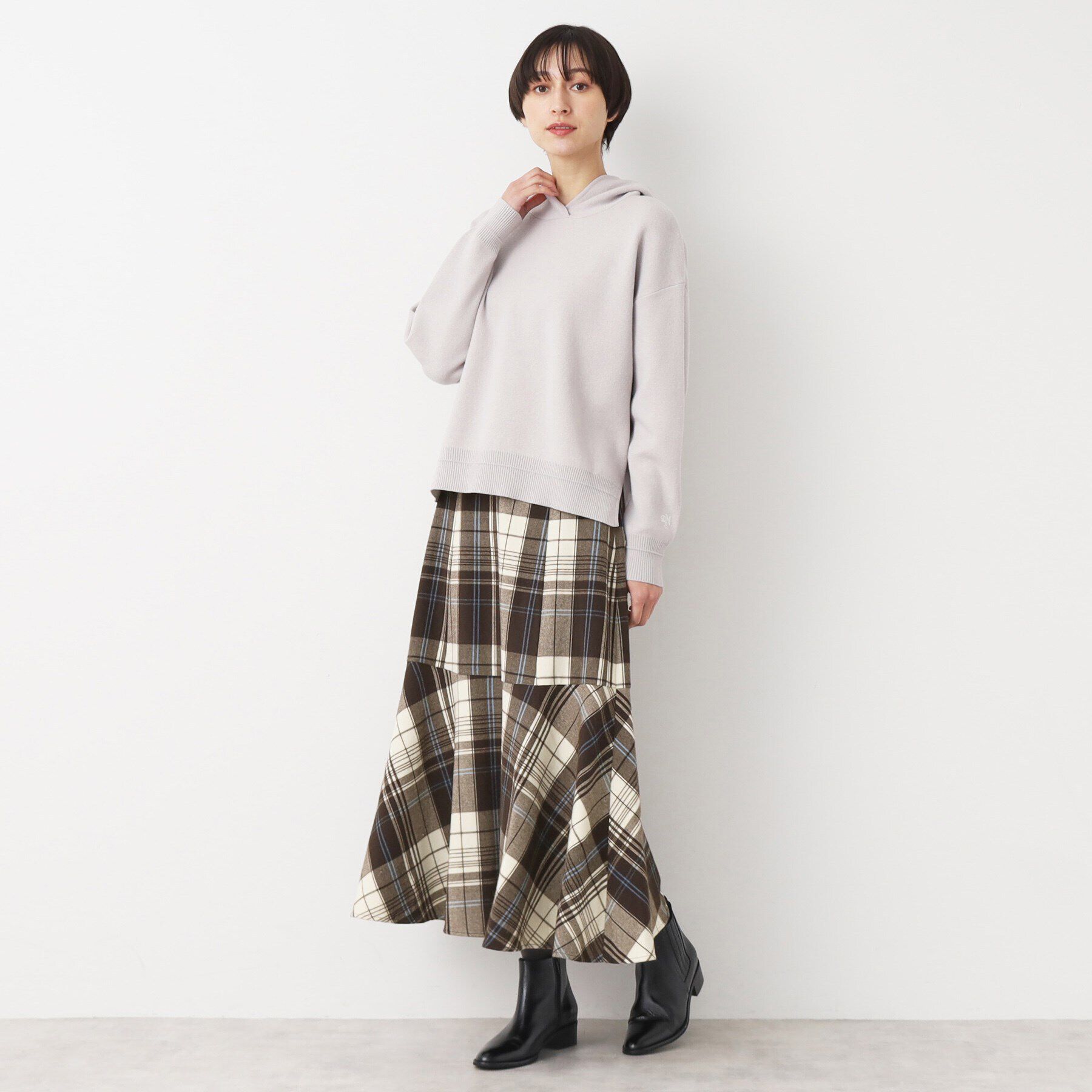 Dessin「【後ろゴム・洗える】起毛チェック柄切り替えフレアスカート（XS～L）」|スカート|