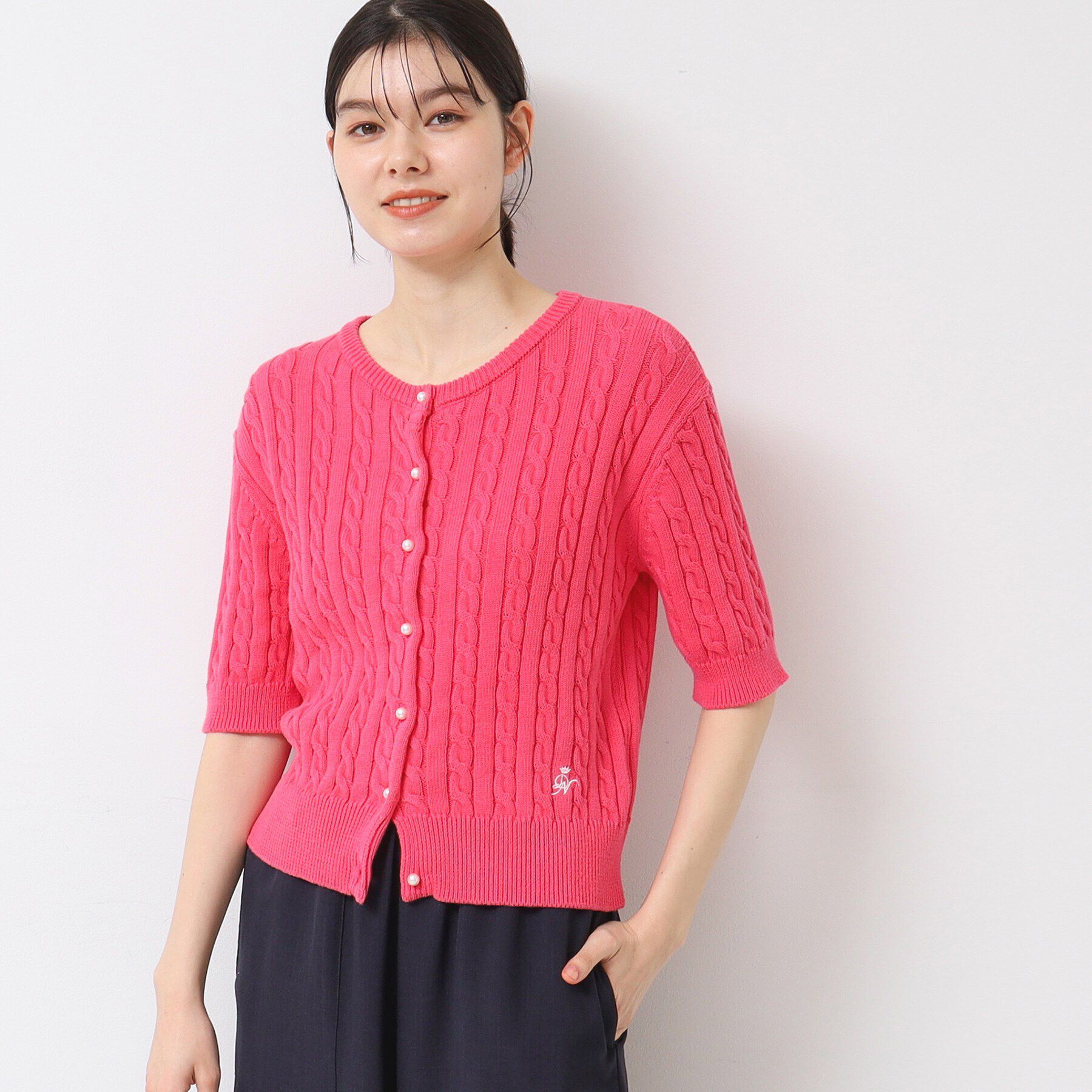 Dessin「【洗える】半袖ケーブルニットコットンカーディガン」|カーディガン|