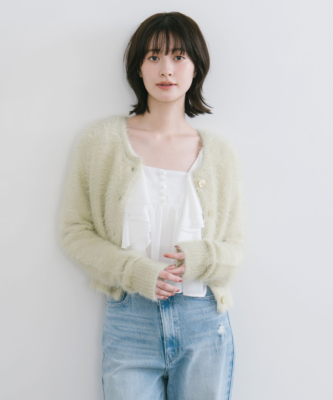 COCO DEAL「フェザーコンパクトニットカーディガン」|ニット・セーター|ライム