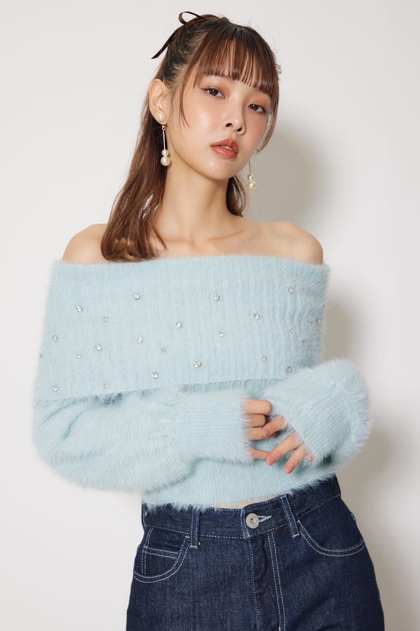 rienda「オフショルビジューシャギーニットトップス」|ニット・セーター|