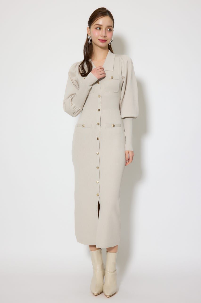 rienda「パフロングスリーブニットタイトワンピース」|ワンピース|BEG