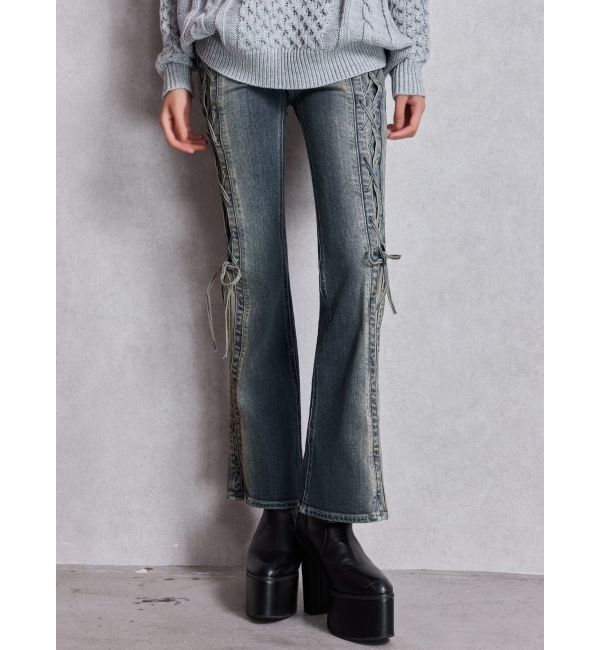 GYDA「ハイウエスト LEG 2WAY ECO FURサイドレースアップフレアデニムパンツ」|デニム|