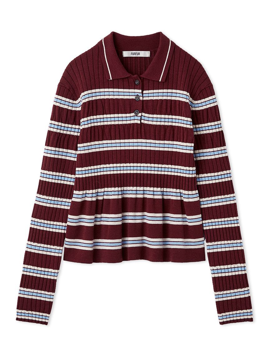 FURFUR「ボーダーペプラムポロニットトップス」|ニット・セーター|