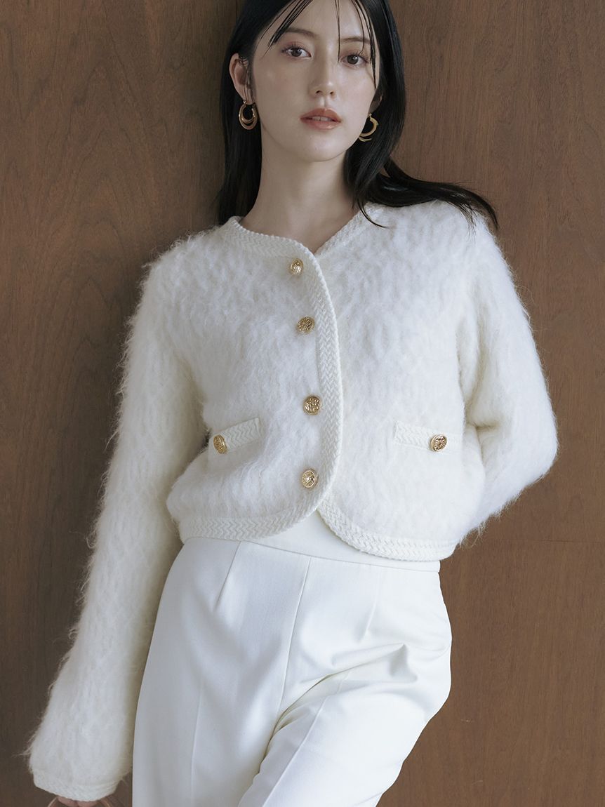 SNIDEL「ファーライクフリルニットジャケット」|ノーカラージャケット|IVR