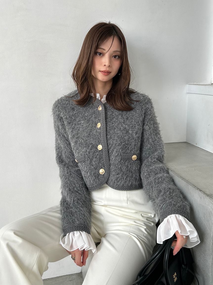 SNIDEL「ファーライクフリルニットジャケット」|ノーカラージャケット|