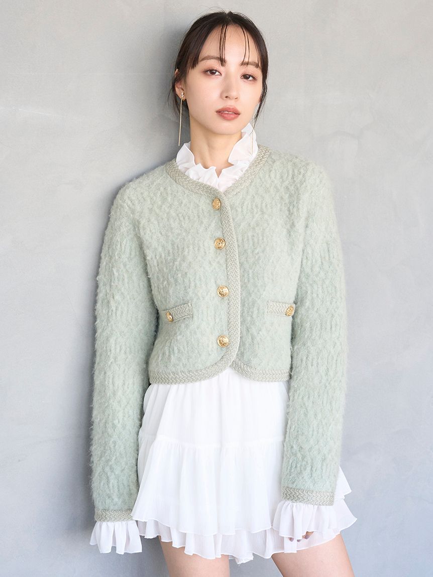 SNIDEL「ファーライクフリルニットジャケット」|ノーカラージャケット|