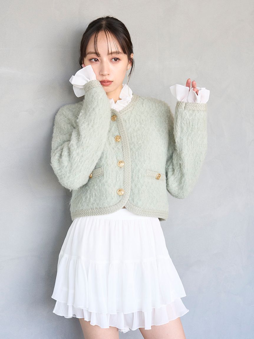 SNIDEL「ファーライクフリルニットジャケット」|ノーカラージャケット|MNT