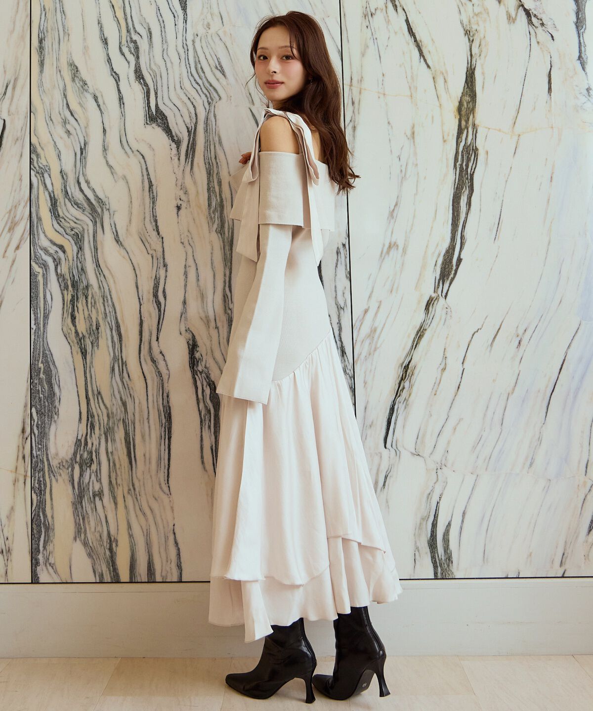 アンドクチュール「ショルダーリボンニットドッキングワンピース」|ワンピース|