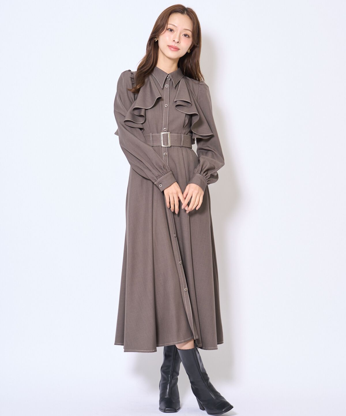 アンドクチュール「フリルケープシャツワンピース」|ワンピース|カーキ