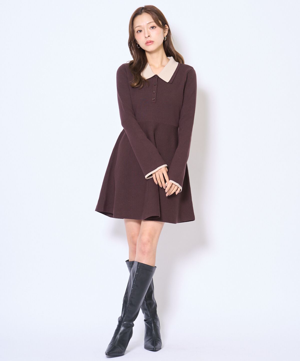 アンドクチュール「バイカラーポロニットフレアミニワンピース」|ワンピース|ブラウン