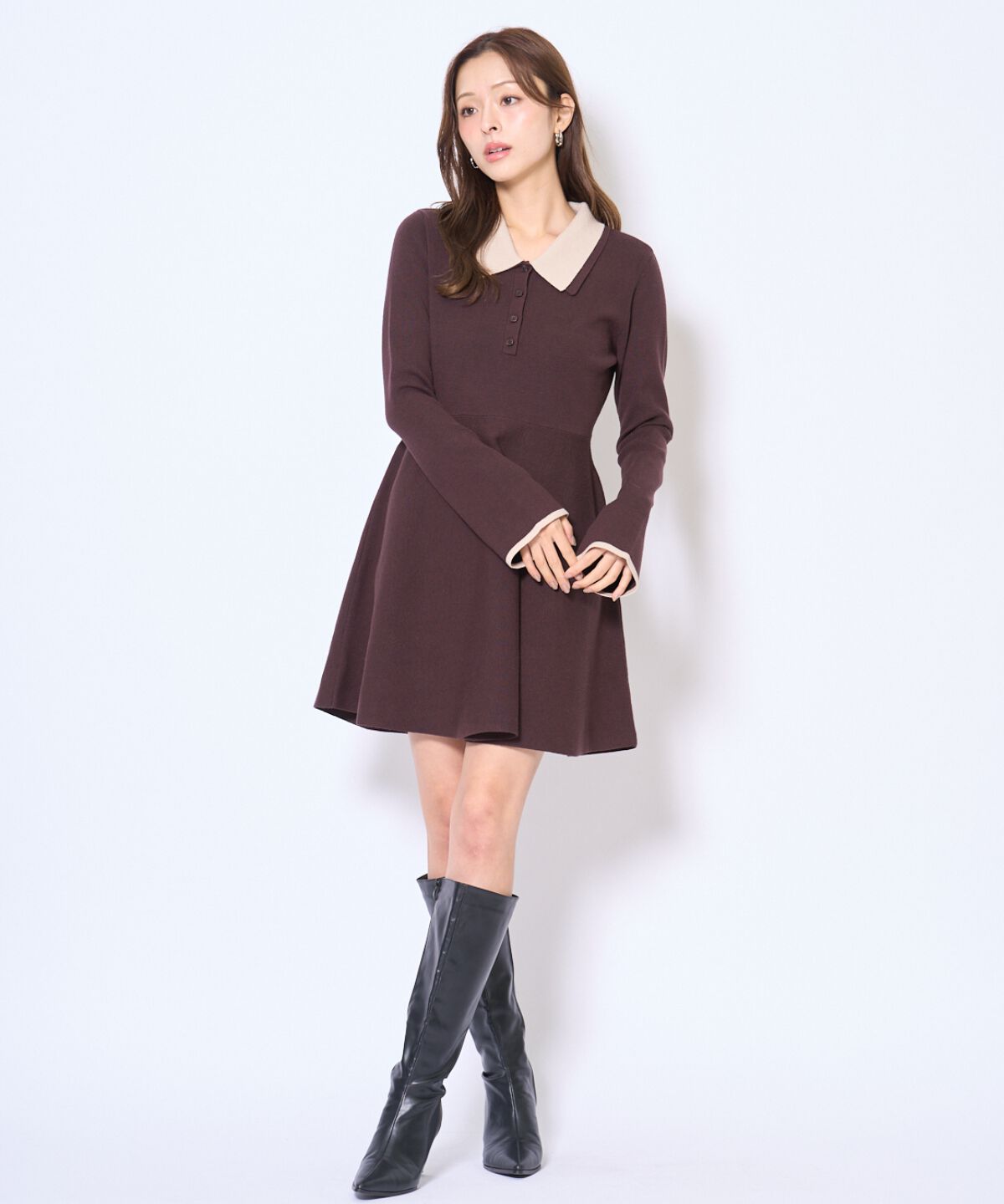 アンドクチュール「バイカラーポロニットフレアミニワンピース」|ワンピース|