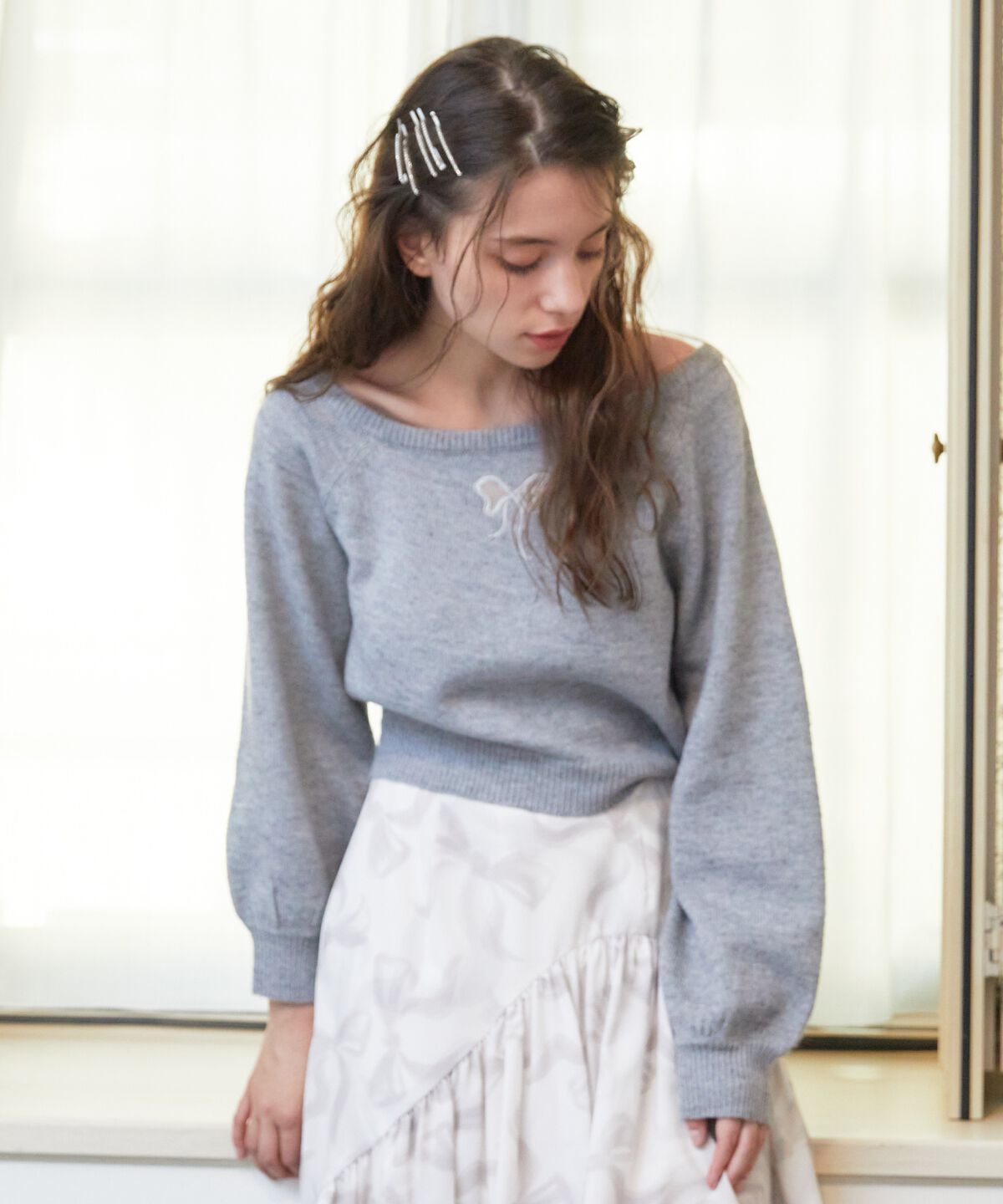 REDYAZEL「ワンショルリボンレースニット」|ニット・セーター|ライトグレー