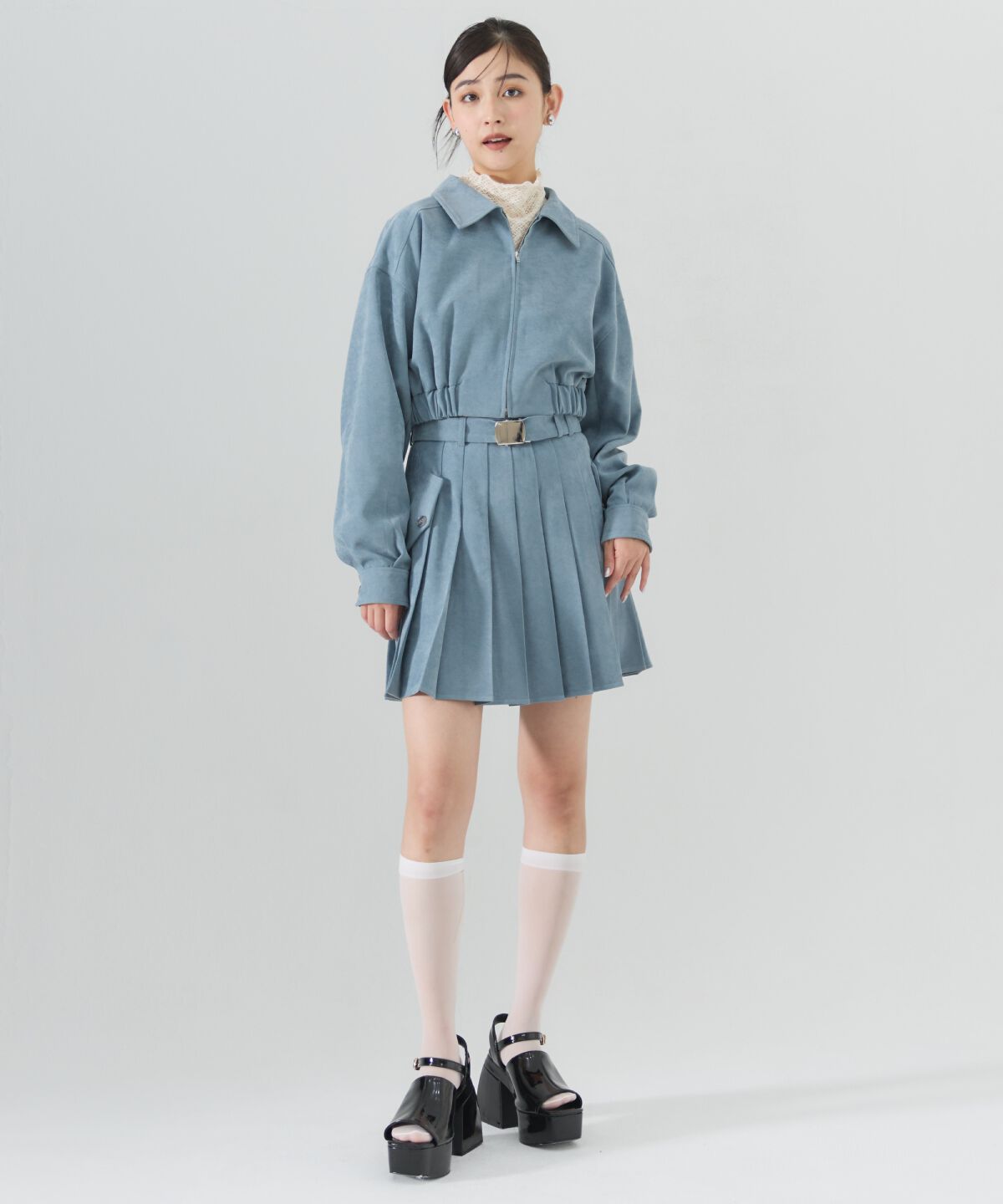 REDYAZEL「ベルテッドプリーツミニスカート」|フレア|