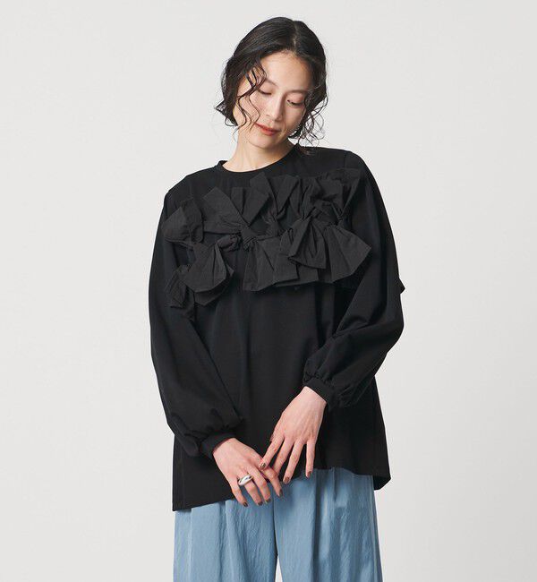 UNITED ARROWS「リボン コンビ パフスリーブ カットソー ‐ウォッシャブル‐」|Tシャツ・カットソー|