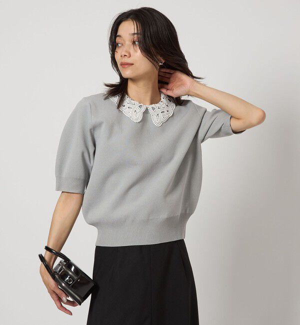 UNITED ARROWS green label relaxing「襟レース 2WAY 5分袖 プルオーバー ニット  -ウォッシャブル-」|ニット・セーター|