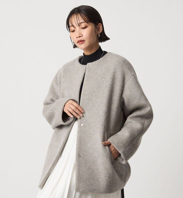 UNITED ARROWS green label relaxing「［size SHORTあり］アンゴラビーバー ノーカラー ミドル コート」|ノーカラーコート|LT.GRAY