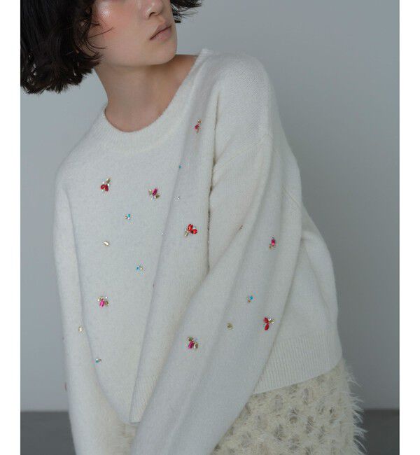 EMMEL REFINES「＜EMMEL REFINES＞EM HW フラッフィー ビジュー ニット プルオーバー」|ニット・セーター|WHITE