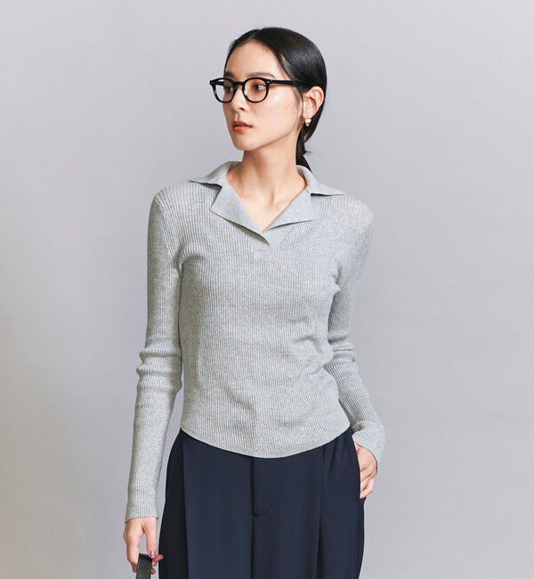 BEAUTY&YOUTH UNITED ARROWS「コットンリブ オープンカラーニット ウォッシャブル」|ニット・セーター|MD.GRAY