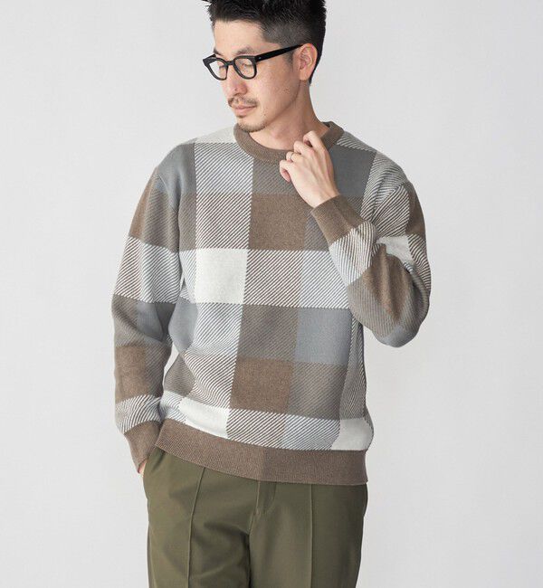 SHIPS「SHIPS:〈手洗い可能〉コットン カシミヤ チェック クルーネック ニット」|ニット・セーター|