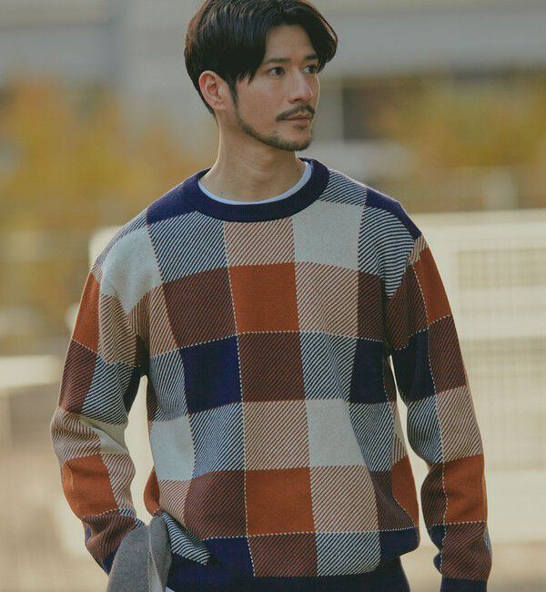 SHIPS「SHIPS:〈手洗い可能〉コットン カシミヤ チェック クルーネック ニット」|ニット・セーター|