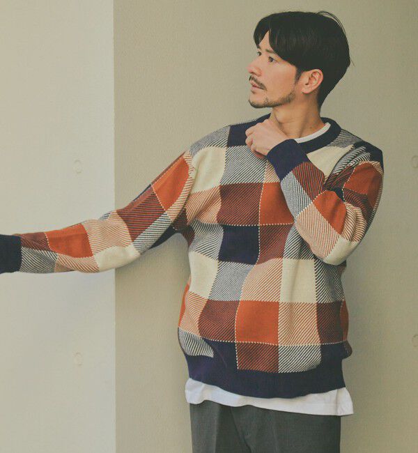 SHIPS「SHIPS:〈手洗い可能〉コットン カシミヤ チェック クルーネック ニット」|ニット・セーター|