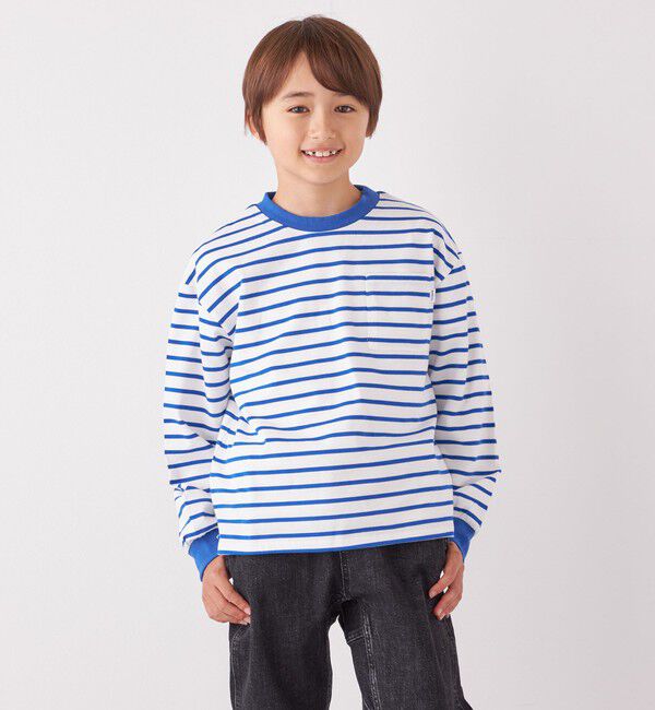 SHIPS any「SHIPS any: リンガーネック ボーダー 長袖 ポケット Tシャツ<KIDS>」|Tシャツ・カットソー|ブルー