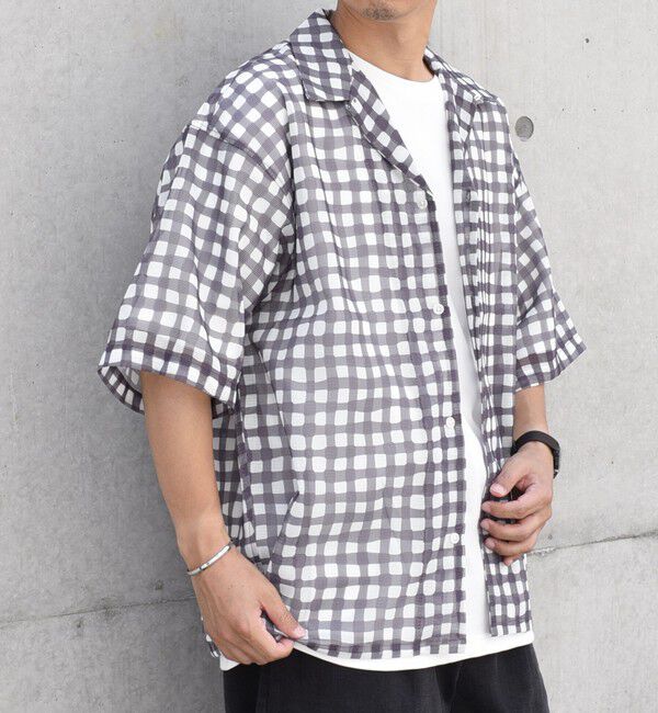 SHIPS any「SHIPS any: メッシュ オンブレチェック / ウェーブ パターン オープンカラー シアー シャツ◇」|シャツ・ブラウス|