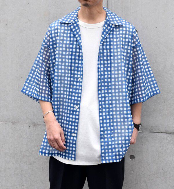 SHIPS any「SHIPS any: メッシュ オンブレチェック / ウェーブ パターン オープンカラー シアー シャツ◇」|シャツ・ブラウス|