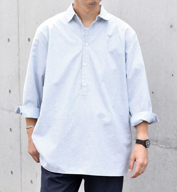 SHIPS any「SHIPS any: 〈洗濯機可能〉コットン / リネン ブルー ストライプ 7分袖 プルオーバーシャツ◇」|シャツ・ブラウス|