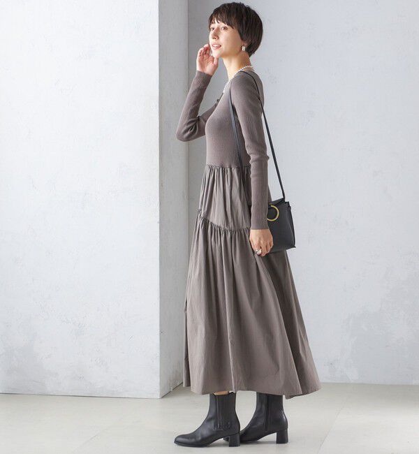 SHIPS for women「〈手洗い可能〉リブ ニット 長袖 &times; 布帛 ギャザー スカート ワンピース」|ワンピース|グレー