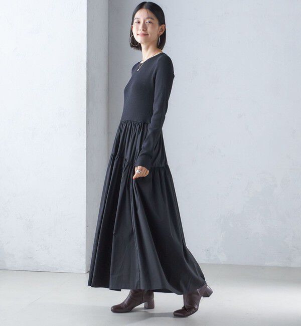 SHIPS for women「〈手洗い可能〉リブ ニット 長袖 &times; 布帛 ギャザー スカート ワンピース」|ワンピース|