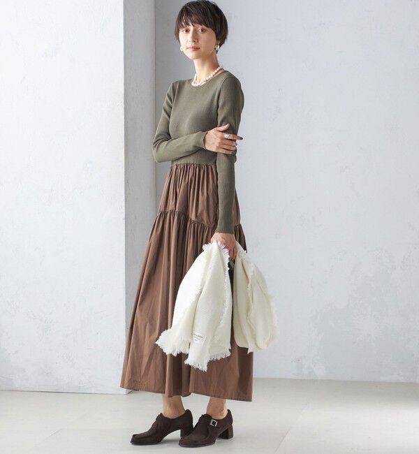 SHIPS for women「〈手洗い可能〉リブ ニット 長袖 &times; 布帛 ギャザー スカート ワンピース」|ワンピース|グリーン