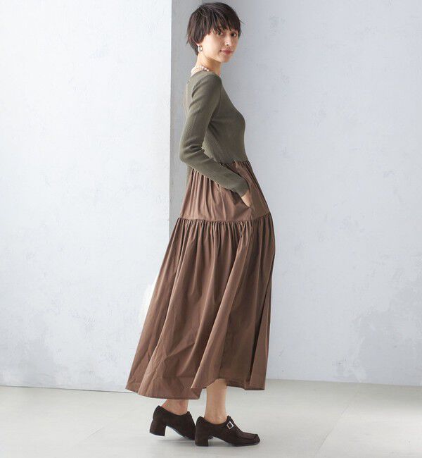 SHIPS for women「〈手洗い可能〉リブ ニット 長袖 &times; 布帛 ギャザー スカート ワンピース」|ワンピース|