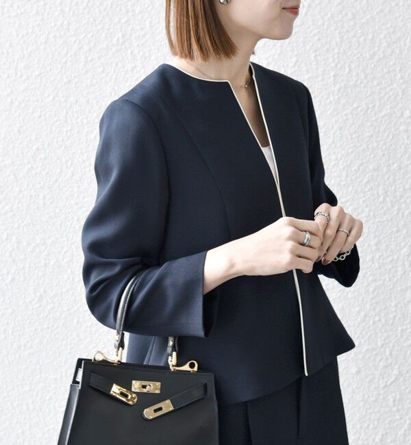 SHIPS any「SHIPS any:〈洗濯機可能〉ダブルクロス  ペプラム ノーカラー ジャケット［NAVY BLUE］」|ノーカラージャケット|ネイビー