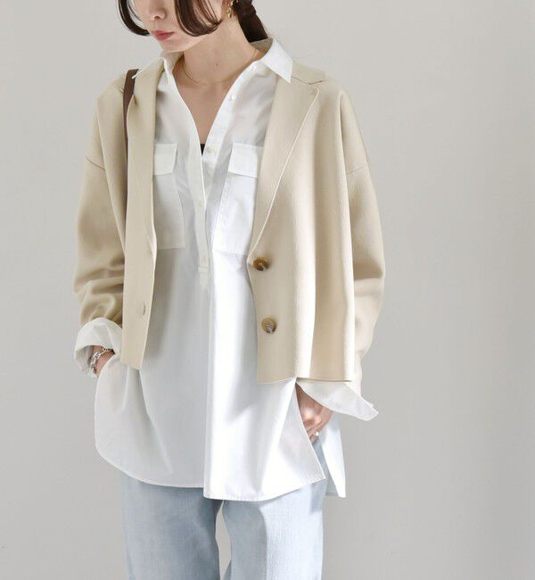 quaranciel「quaranciel:〈手洗い可能〉コンパクト ワイド テーラード ニット ジャケット」|テーラードジャケット|ベージュ