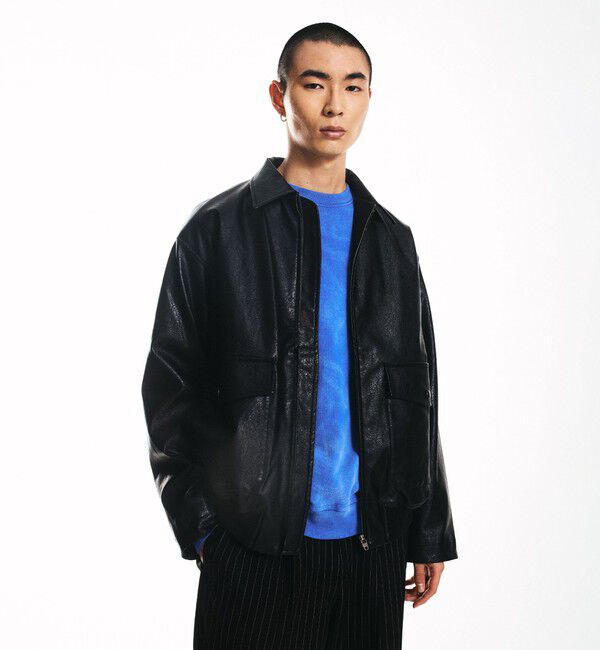 SHIPS「City Ambient Products: 合成皮革 ショート ジップ ブルゾン」|ブルゾン・スタジャン|