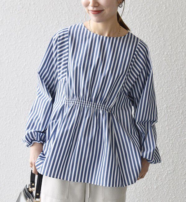 SHIPS any「《一部追加予約》SHIPS any:〈洗濯機可能〉REPREVE ギャザー パフシャツ ブラウス」|シャツ・ブラウス|ネイビー