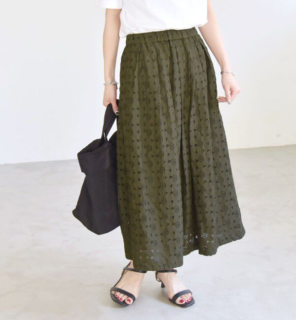 quaranciel「quaranciel:〈手洗い可能〉フラワー レース ランダム タック スカート」|スカート|オリーブ