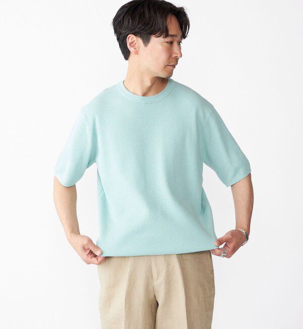 SHIPS「SHIPS:〈手洗い可能〉リネン バスケット ニット Tシャツ」|Tシャツ・カットソー|ライトブルー