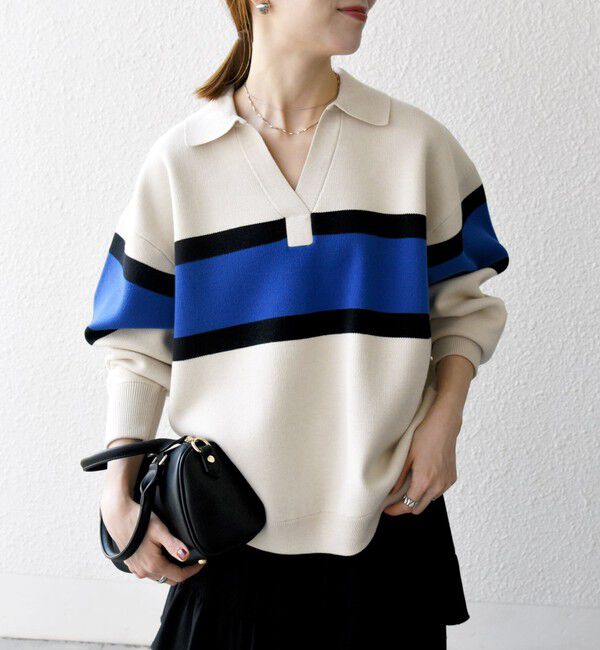 SHIPS any「SHIPS any:〈手洗い可能〉パネル ボーダー スキッパー ニット プルオーバー」|ニット・セーター|