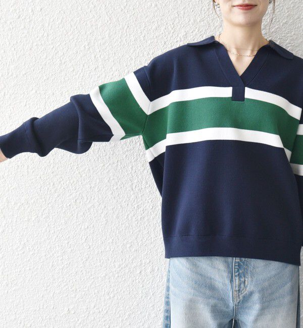 SHIPS any「SHIPS any:〈手洗い可能〉パネル ボーダー スキッパー ニット プルオーバー」|ニット・セーター|