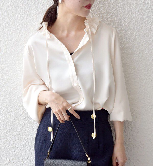SHIPS any「《一部追加予約》SHIPS any:〈洗濯機可能〉サテン フリル カラー リボン シャツ ブラウス」|シャツ・ブラウス|