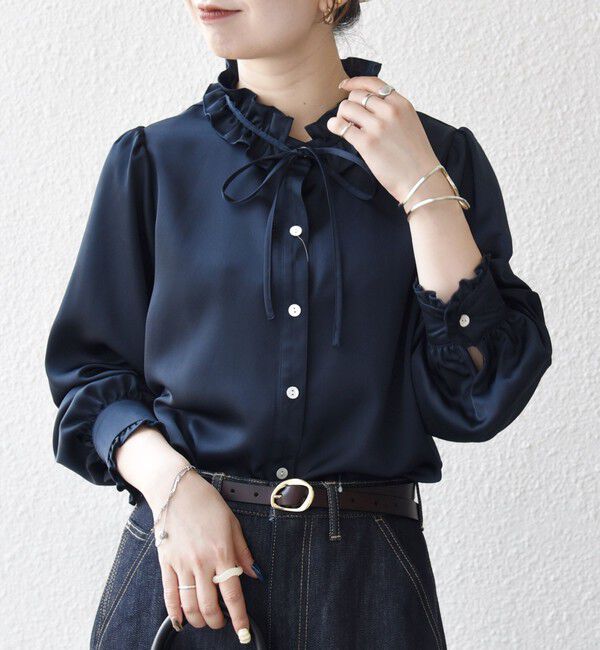 SHIPS any「《一部追加予約》SHIPS any:〈洗濯機可能〉サテン フリル カラー リボン シャツ ブラウス」|シャツ・ブラウス|