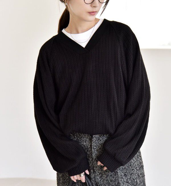 quaranciel「quaranciel:〈手洗い可能〉ケーブル ジャージー Vネック プルオーバー」|Tシャツ・カットソー|ブラック